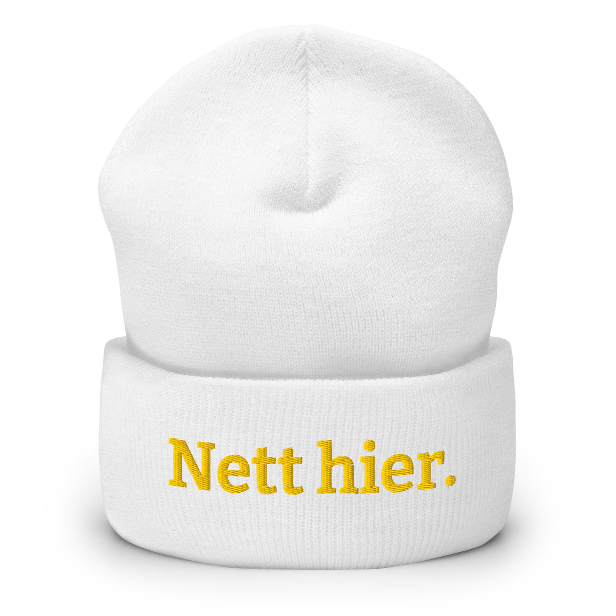 Nett hier Beanie in Weiß mit gelbem Stick