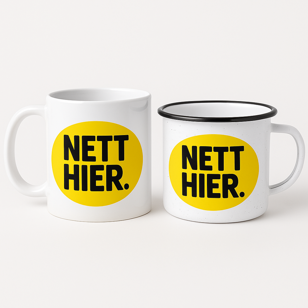 Nett hier Keramik- und Emailletasse mit gelbem Motiv