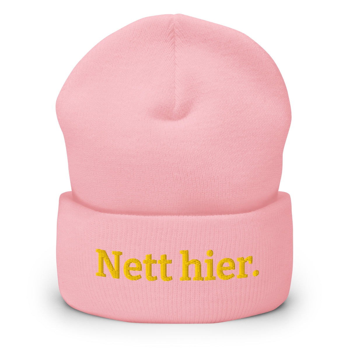 Nett hier Beanie in Rosa mit gelbem Stick