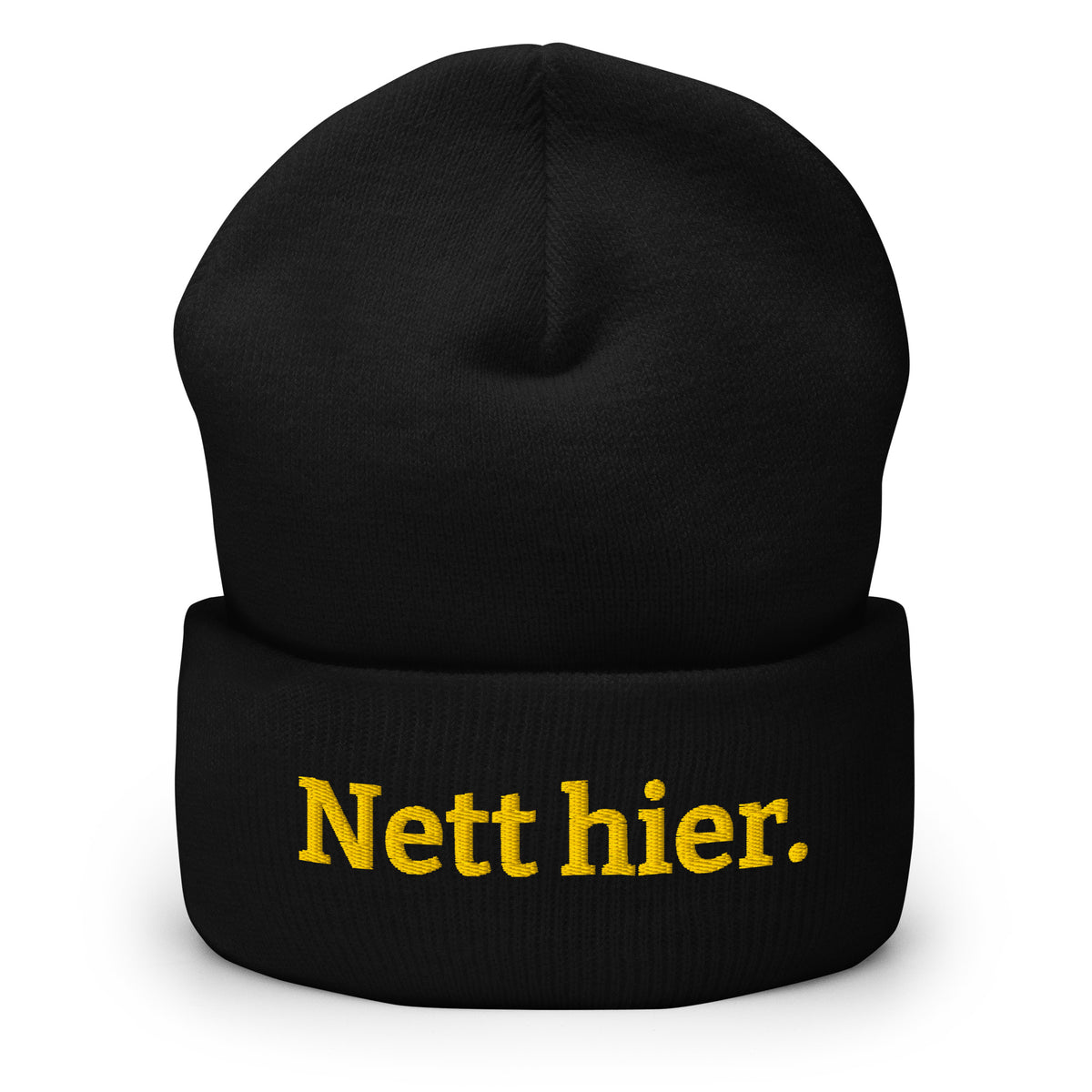 Nett hier Beanie in Schwarz mit gelbem Stick