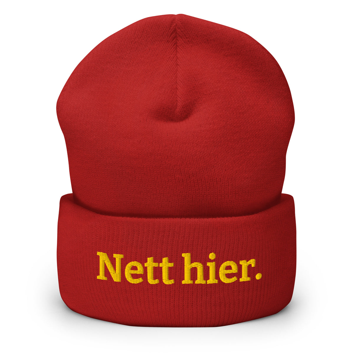 Nett hier Beanie in Rot mit gelbem Stick
