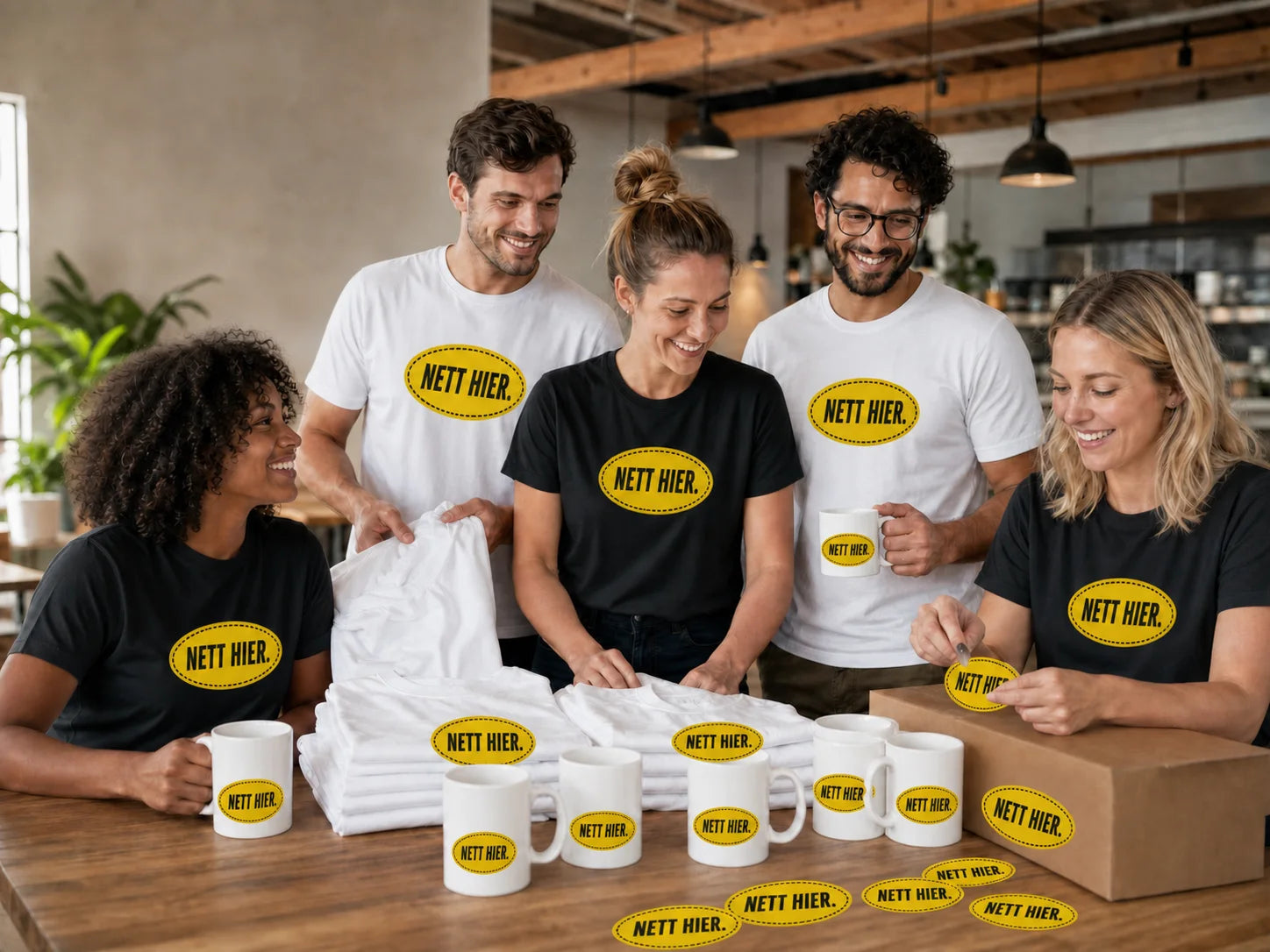 Team-Paket mit Nett hier Shirts, Keramiktassen und Aufklebern in einem Design