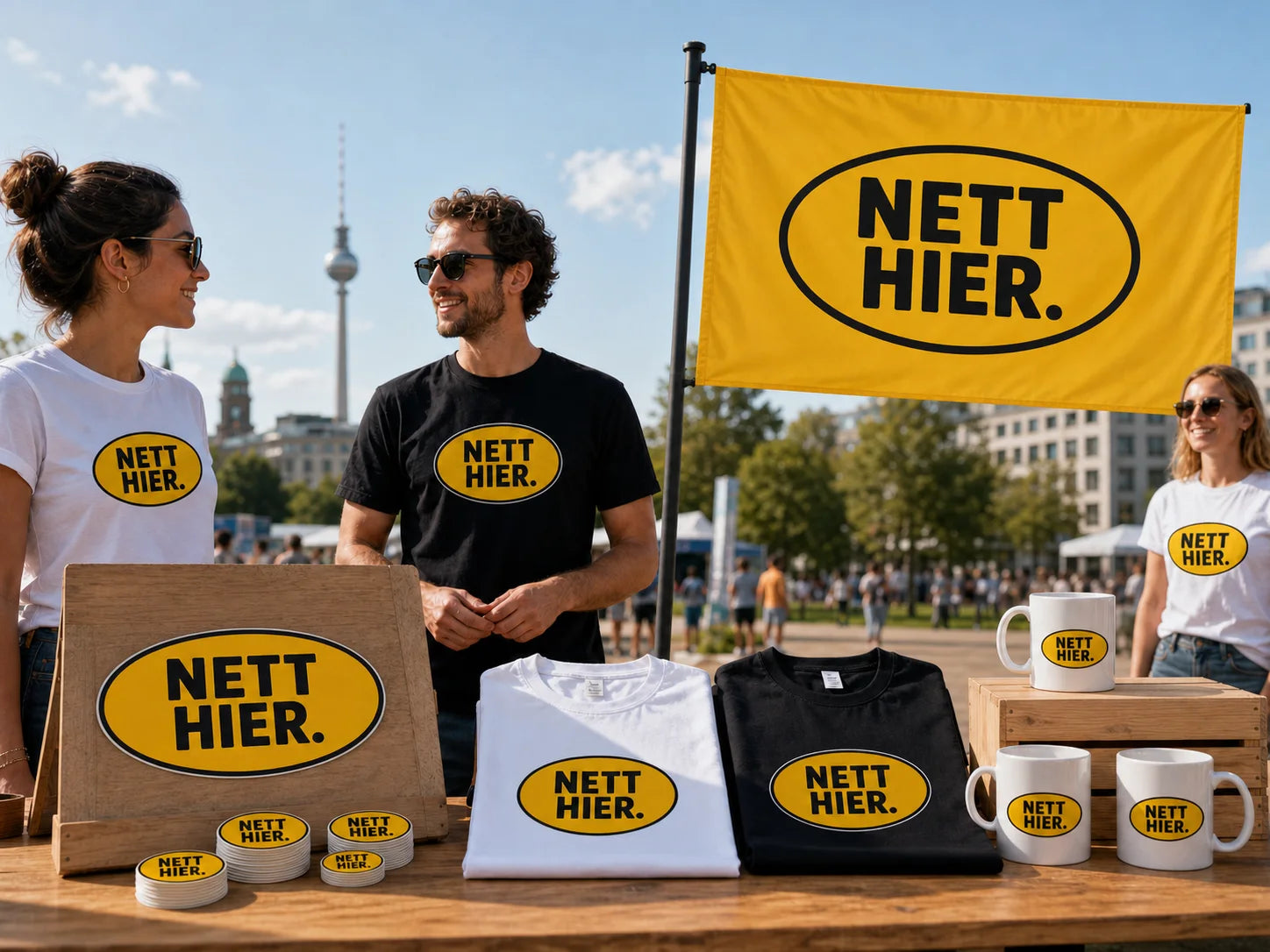 Sichtbarkeits-Paket mit großen und kleinen Aufklebern, Shirts, Tassen und Fahne