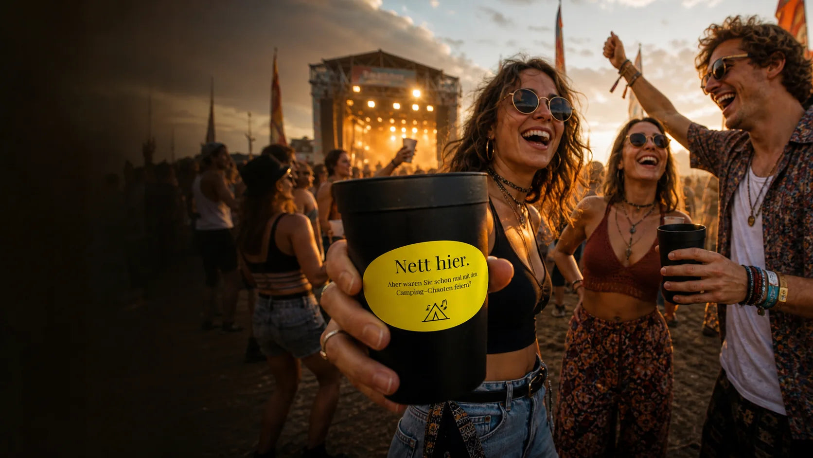 Erwachsene Freunde feiern auf einem Festival mit personalisiertem Nett hier Aufkleber auf einem Mehrwegbecher