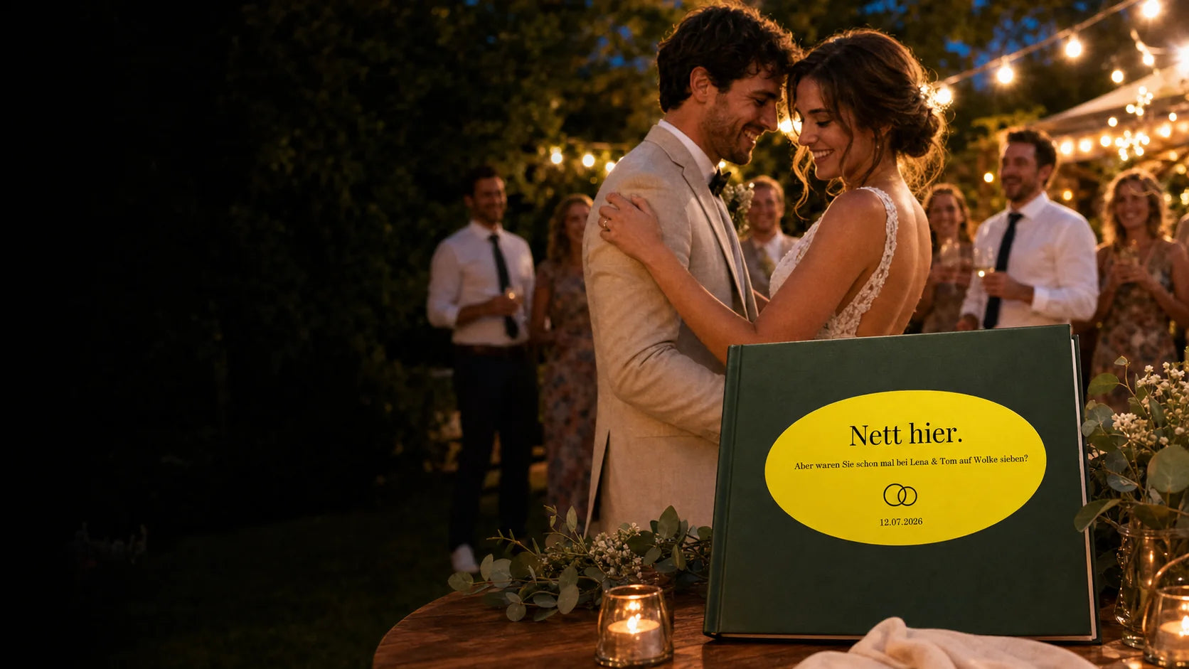 Brautpaar feiert bei einer Gartenhochzeit neben einem Gästebuch mit personalisiertem Nett hier Aufkleber