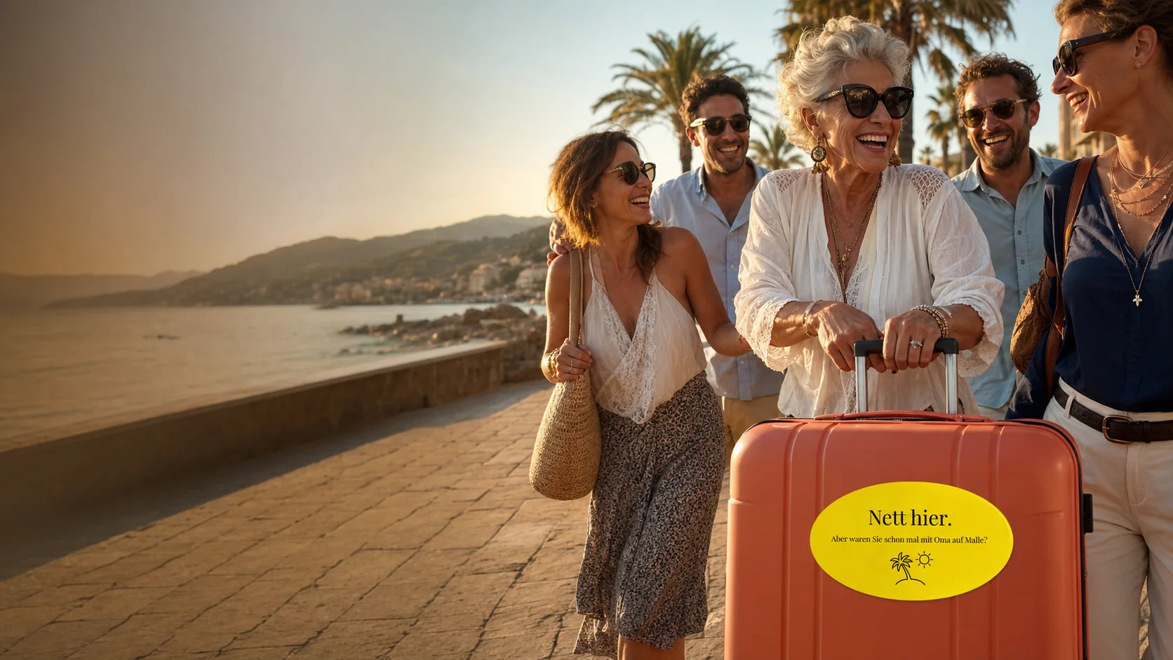 Erwachsene Reisegruppe im Urlaub mit personalisiertem Nett hier Sticker auf einem Koffer